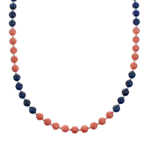 Genuine Pink Coral And Lapis Sterling Silver Navajo Bead Necklace X10286